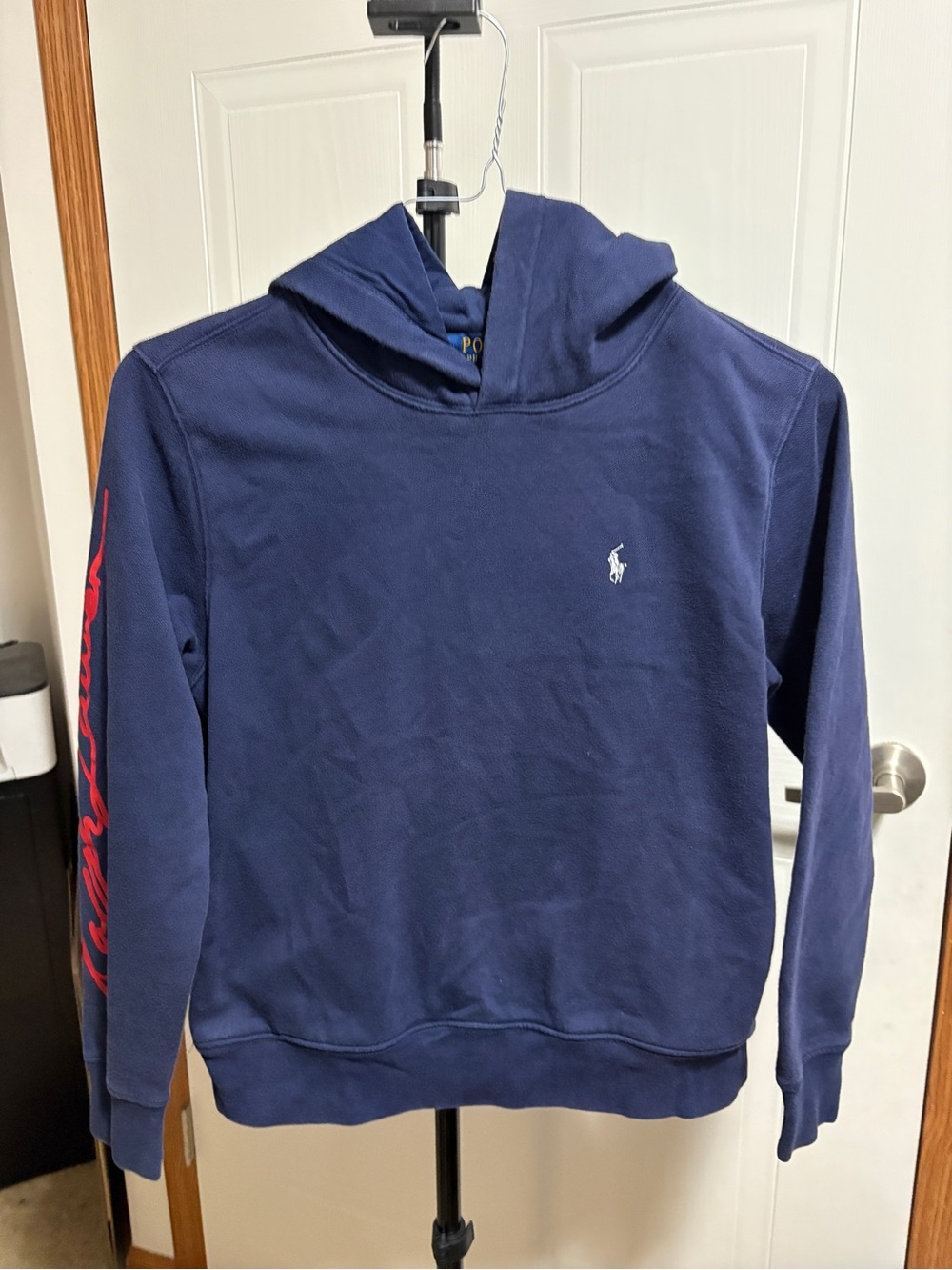 Polo by Ralph Lauren Navy Pullover Hoodie with Red Sleeve Script